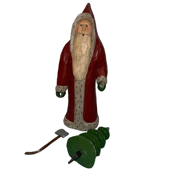 Vintage Santa Claus Tree And Axe Folk Art Style Hand Carved Collectible Wooden - Picture 8 of 12